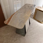 Warm Grey Stone Console Table with Gray Wood Sides and Cream Vertical Accents